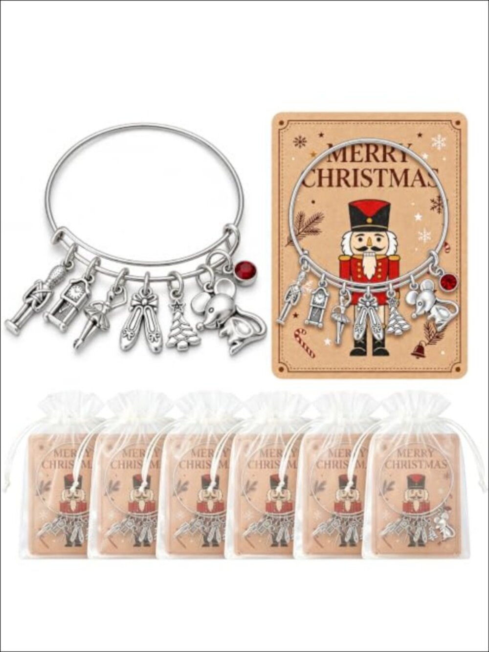 Nutcracker Charm Bracelet Set 6 Expandable Stainless Steel Bangles Gift